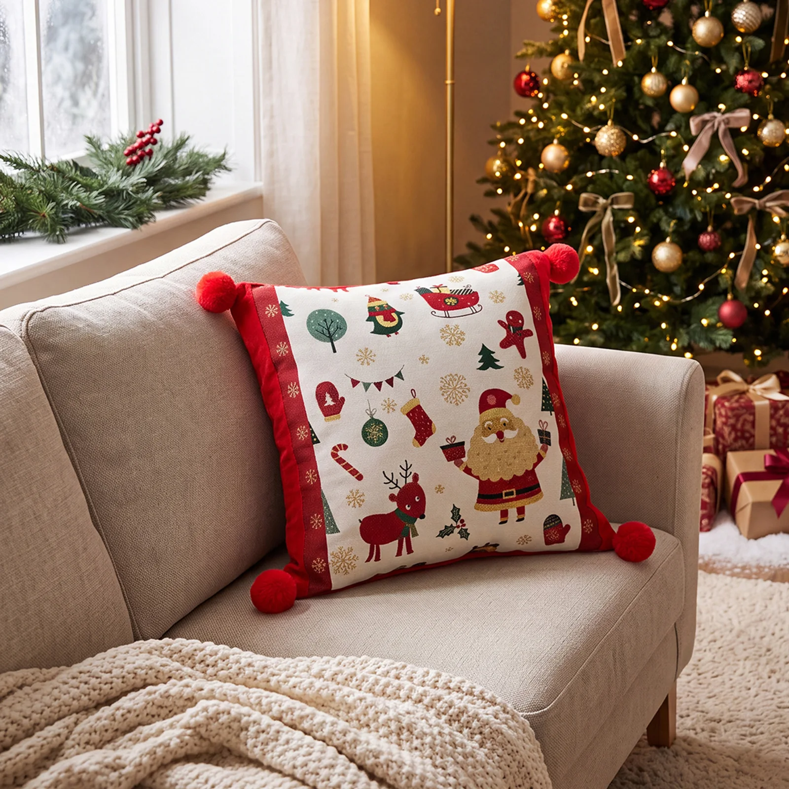 Weihnachtsroter Jacquard-Kissenbezug mit Cartoon-Elch- und Schneeflocken-Motiv, Plüsch-Sofadekoration, Kissenbezüge 45x45cm – Detail 18