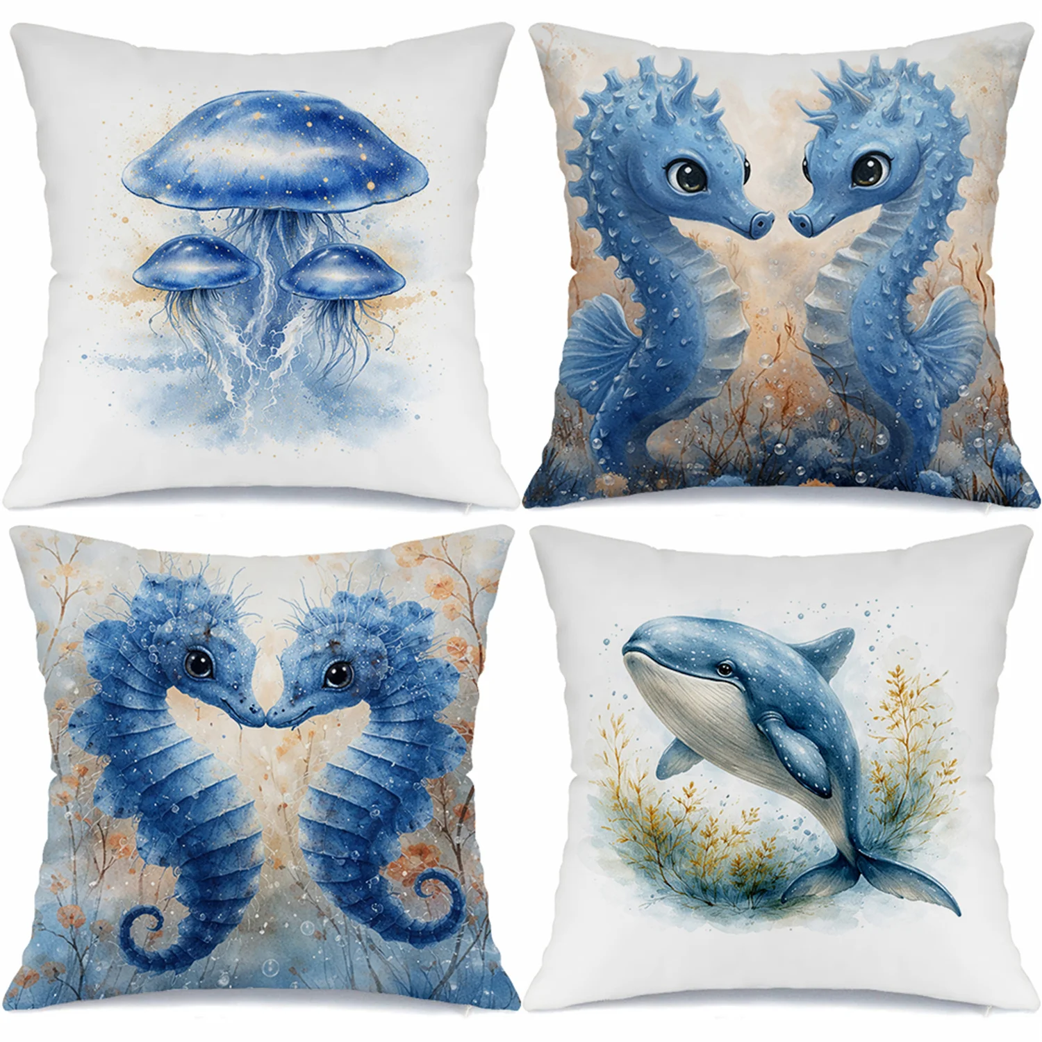 Watercolor seahorse whale digital printing pillow cover Short plush Suitable living rooms bedrooms sofas throw cushion cover