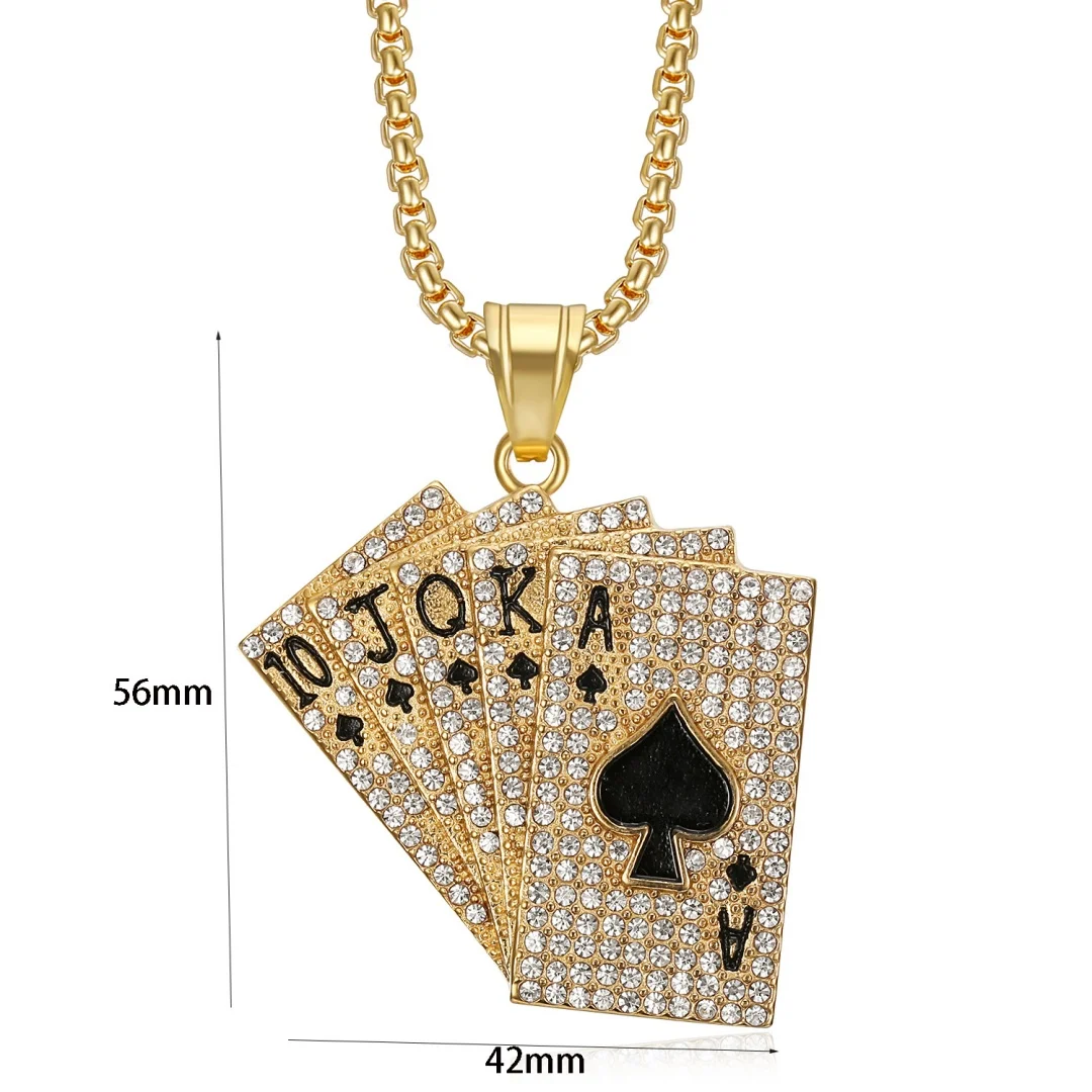 Hip hop Playing Card Iced Out CZ Pendant Gold Silver Color Stainless Steel Rapper Necklace for Men Straight Flush Lucky Jewelry