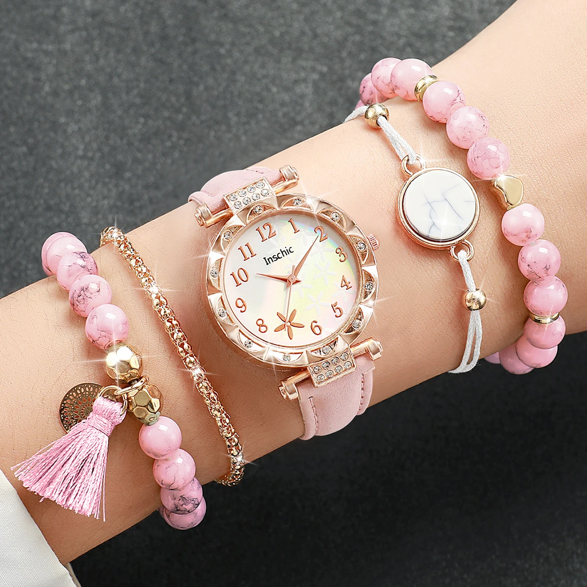 5PCs/Set Women's Flower Leather Quartz Watch Pink Bead Set