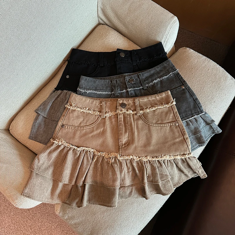 Vintage Pleated Skirt Women's Decoration Style Classical Cozy Patchwork Denim A-Line Skirt High Quality Spring Summer