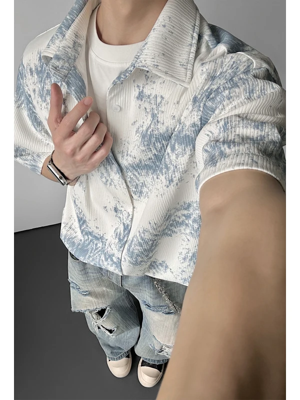 

Men's Loose Fit Tie Dye ort Sve irt Casual Vintage Sli Large Size Open Cardigan Spring Summer Polyester Fiber