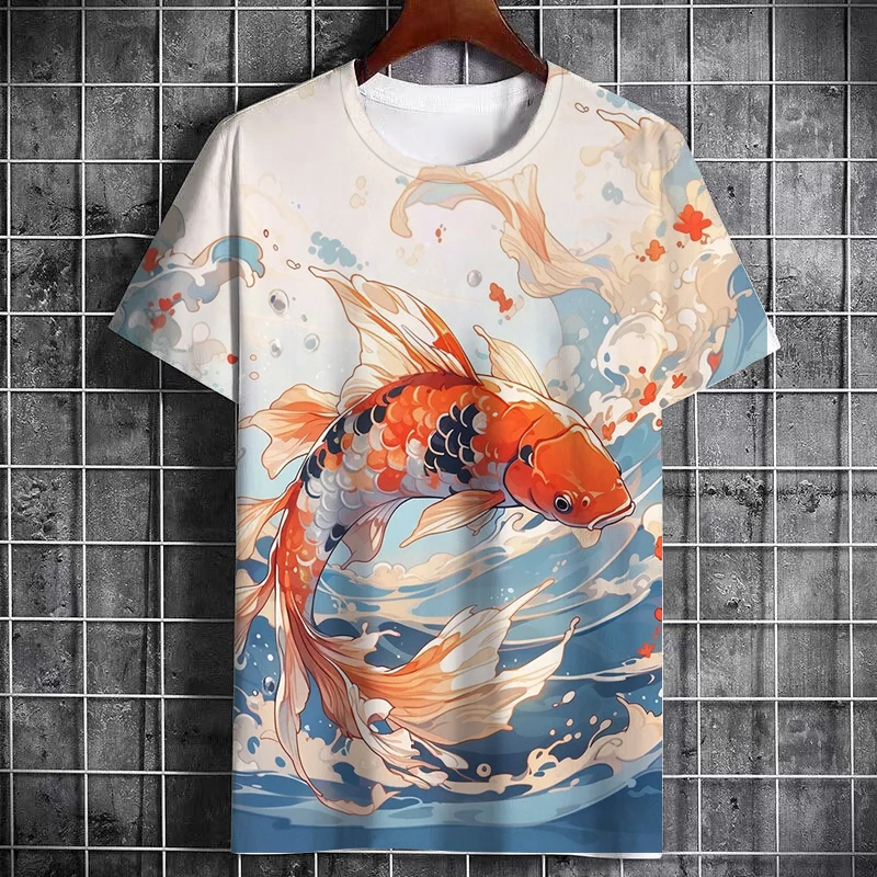 Carp Pattern Summer Men's Printed T-Shirt Fashion Creative Street Personality Short Sleeve Casual Hip Hop Plus Size Clothing