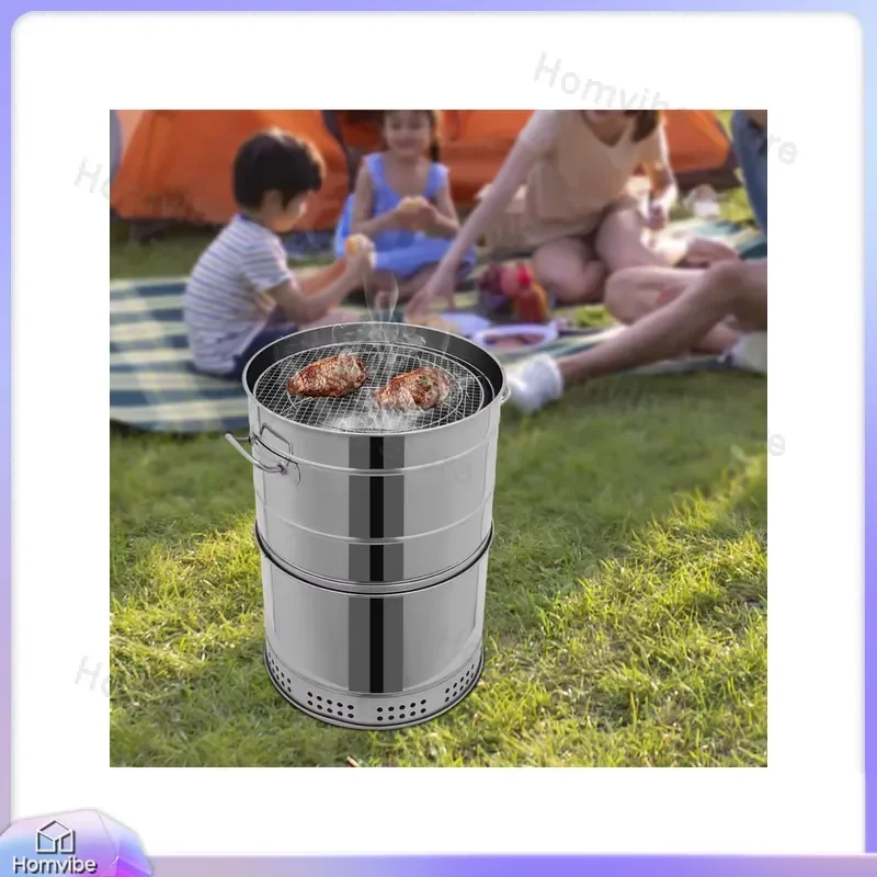 Large Stainless Steel Portable Smokeless Charcoal BBQ Grill Barrel for Camping Picnic Backyard Outdoor Cooking Grilling