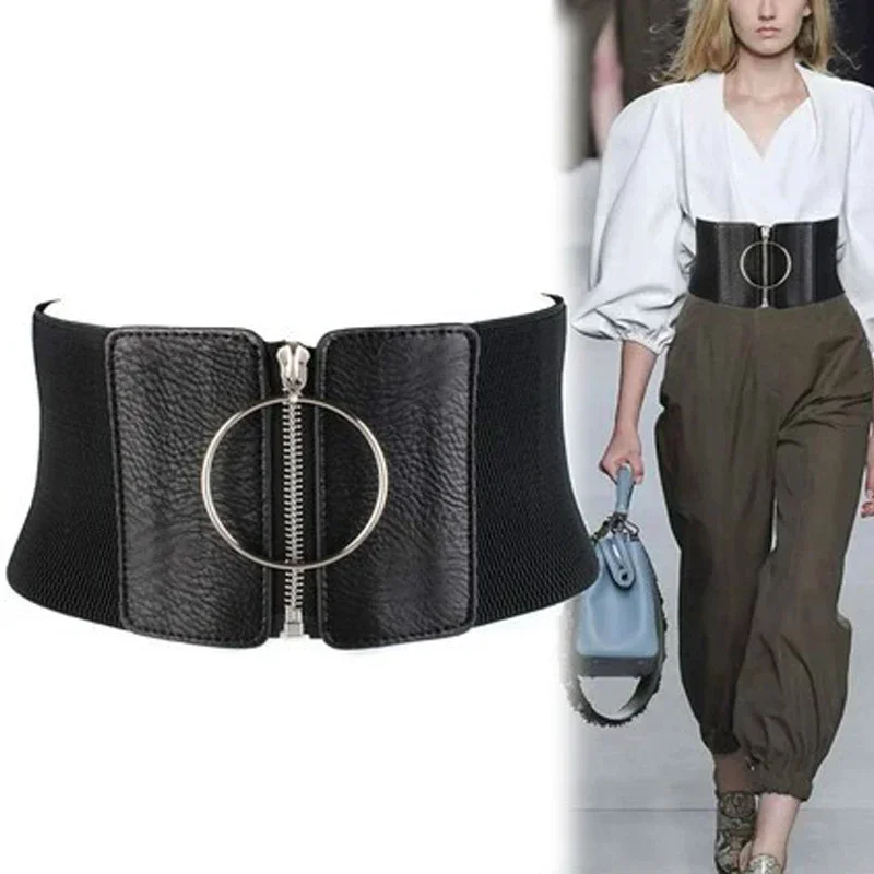 Women\'s Dress Super Wide Belt Women\'s Large Metal Ring Black Belts Women\'s Elastic Belt Women Belts Fashion for Dress