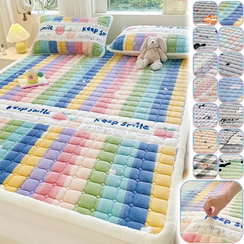 

Winter Velvet Quilted Mattress Pad Washable Plush Bed Cover Soft Warm Mattress Protector for Queen King Size Dormitory Home