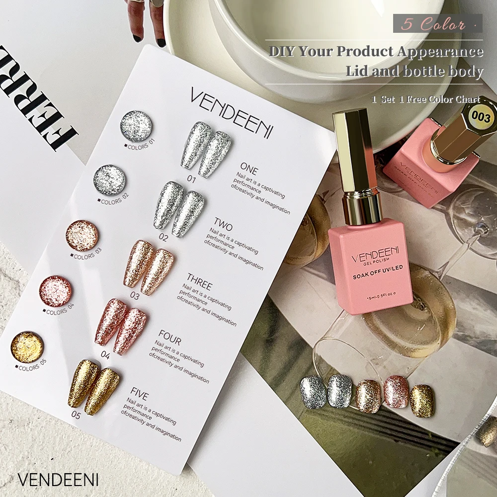 Vendeeni 5 Colors/Set Glitter Platinum Gel Nail Polish Champagne Rose Gold Silver Flash UV LED Soak Off Gel Varnish With Display