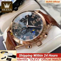 OLEVS 2871 Men Watches Brown Leather Top Brand Luxury Date Waterproof Luminous Chronograph Quartz Watch Men Relogio Masculino