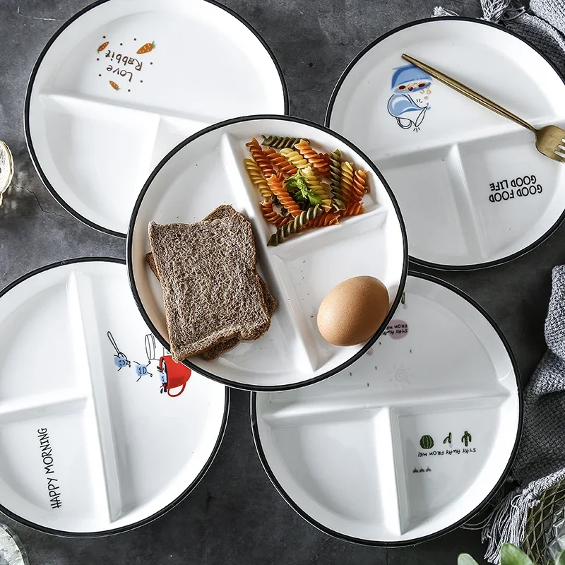Nordic Circular Partition Plate Ceramic Fruit Dim Sum Children's Dinner Plate, 3-grid Plate, Breakfast Fast Food Plates