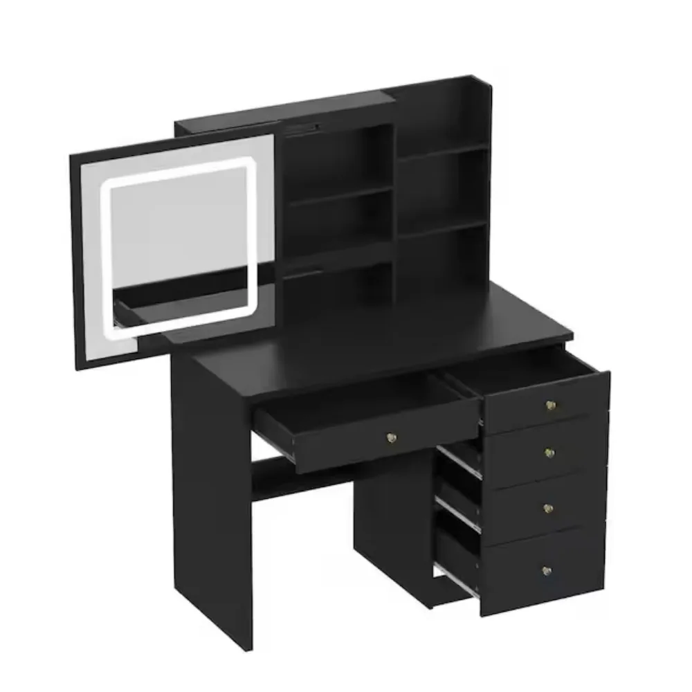 5 أدراج خشبية LED دفع سحب مرآة ماكياج الغرور مجموعات منضدة الزينة مع البراز وأرفف تخزين 3 طبقات