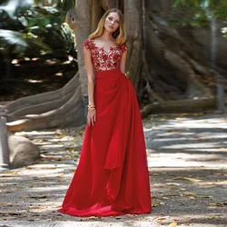 Charming Red Appliques Prom Dress Scoop Neck Cap Sleeve Ruched Chiffon A-Line Customized Party Evening Dress Robe De Soirée