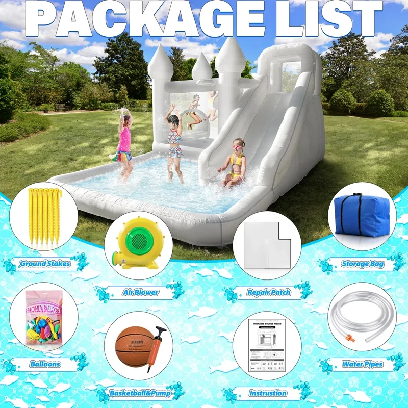 白い大型インフレータブルウォータースライダープール子供用夏の水遊びバウンスハウスボールピット付き幼稚園プレイハウス屋外
