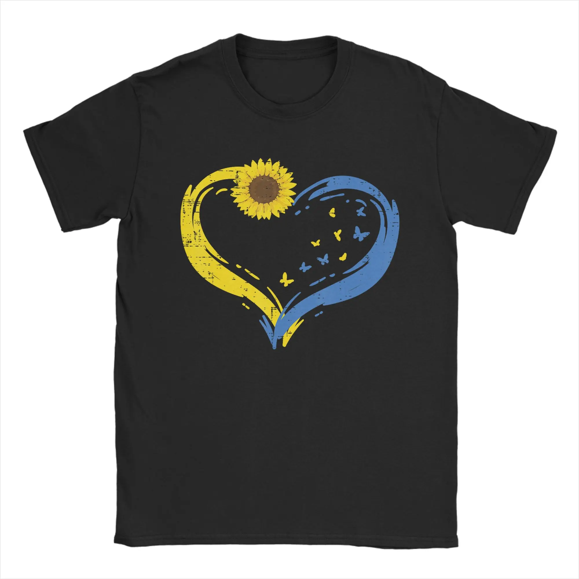 Ukraine Heart Sunflower Butterfly Ukrainian T Shirts Men 100% Cotton Novelty T-Shirt Crew Neck  Tee Shirt Short Sleeve Clothes