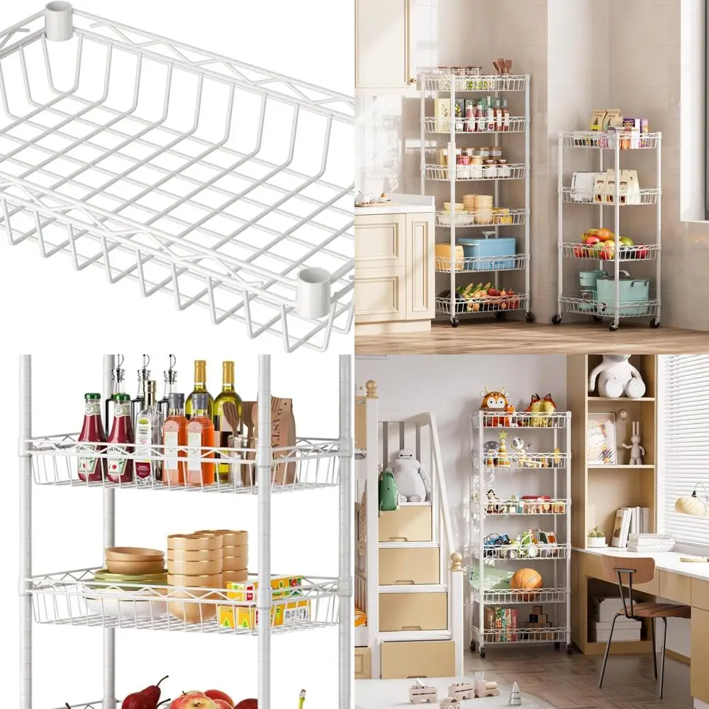 

Adjustable 6-Tier Wire Basket Shelf Unit - Large Storage Rack for Garage, Kitchen, Office, Pantry - 17x12x63 White