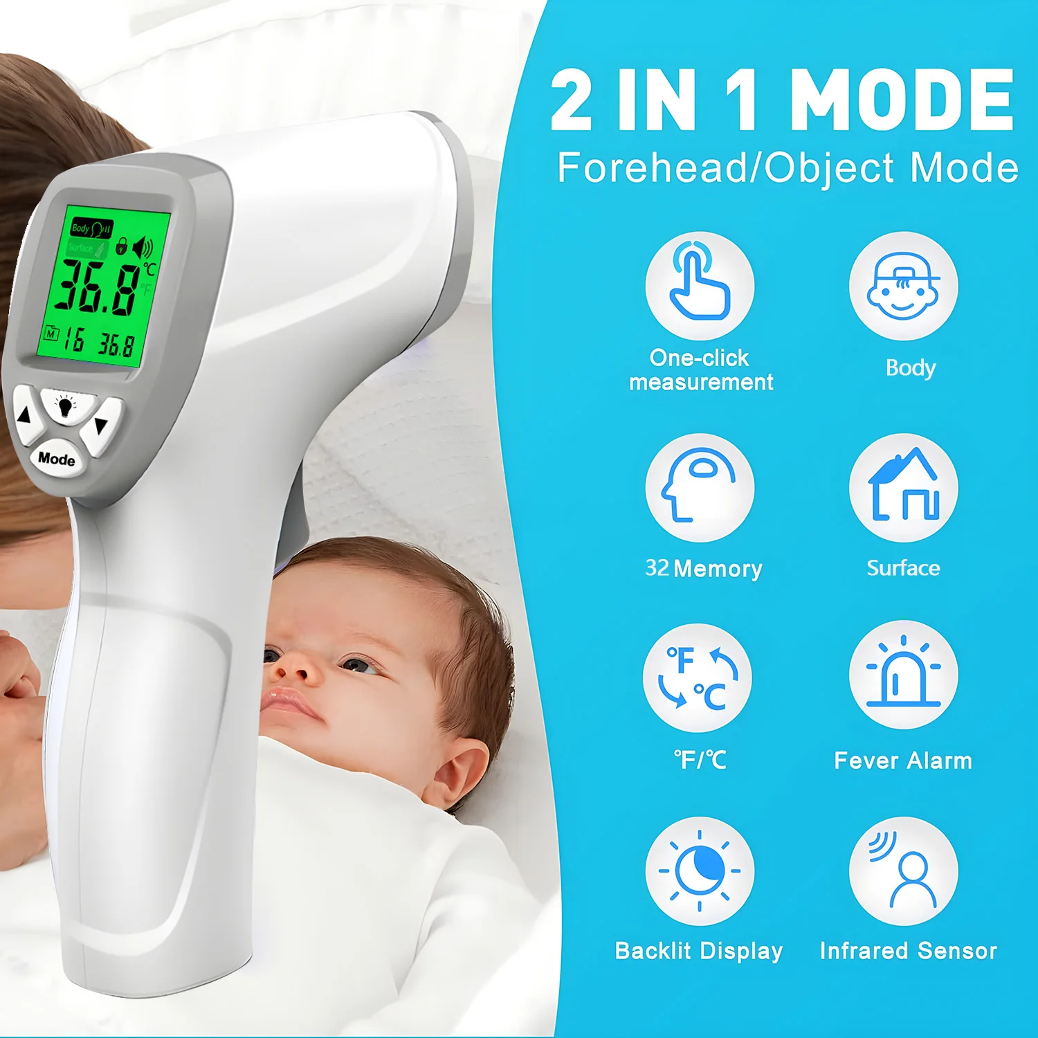 

2-in-1 Infrared Thermometer with Fever Alarm & Backlit LCD for Baby, Kids, Adults, Non-Contact Medical Temperature Checker