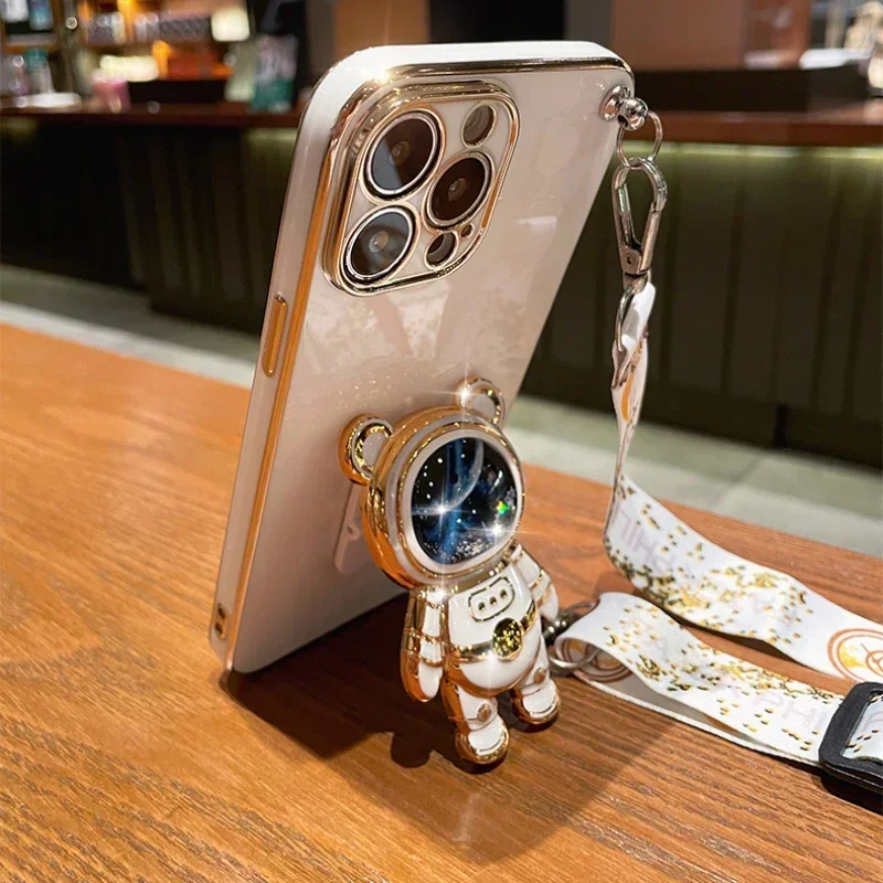 Crossbody Lanyard Quicksand Space Bear Plating Case for Samsung Galaxy A16 A06 A26 A36 A56 5G Silicone Cover