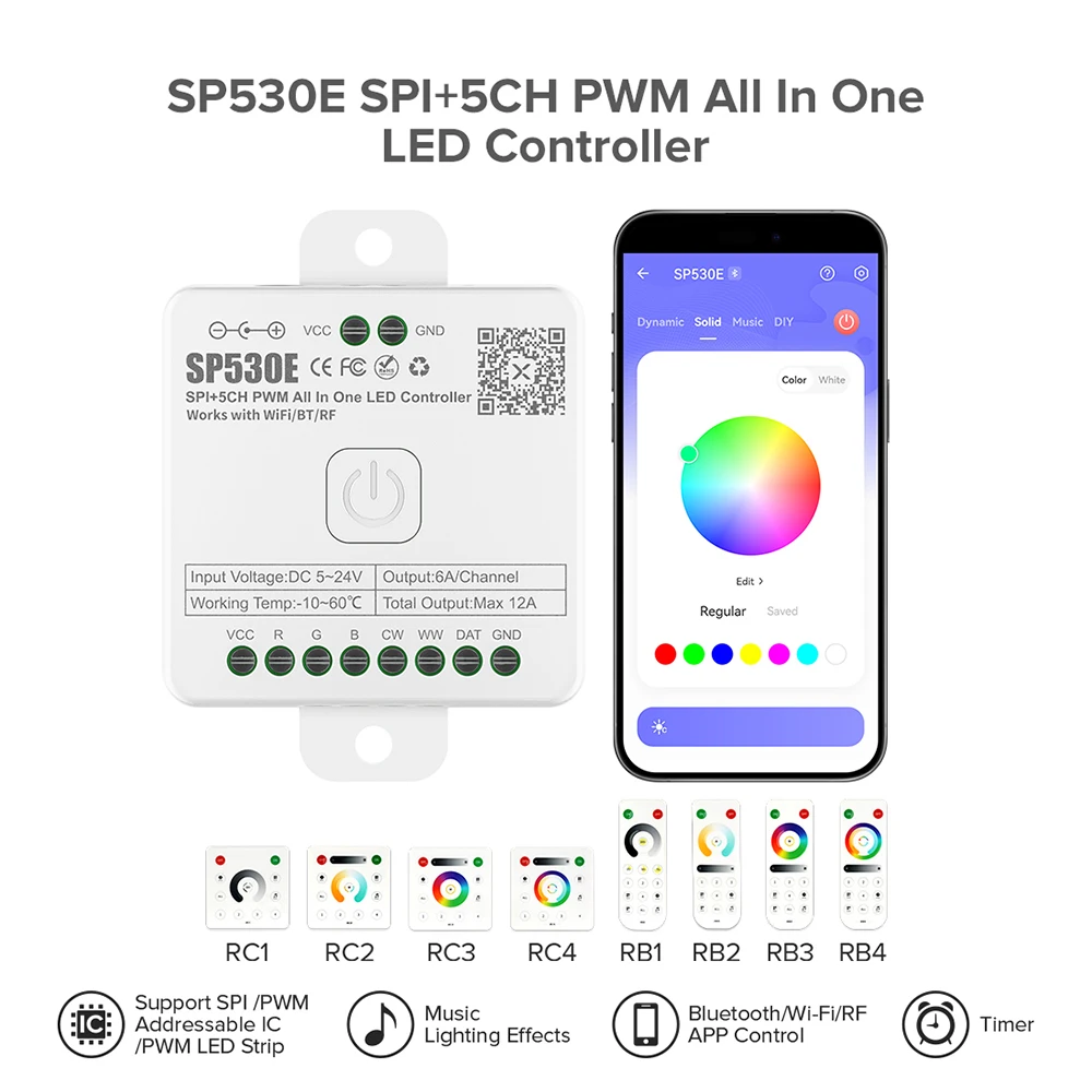 

All In One LED Controller SP530E 5CH PWM SPI Pixels For LED Strip WS2812B WS2811 SK6812 FCOB 5050 RGB RGBW WIFI BT DC5-24V