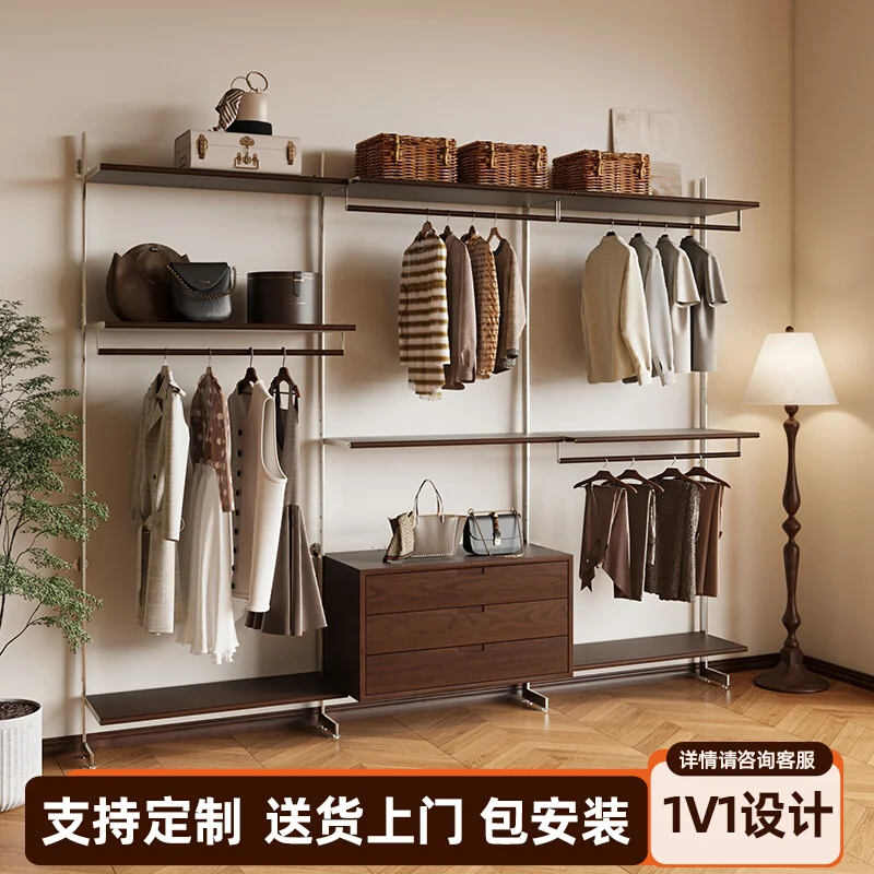 

Open wardrobe solid wood, combination hanger, cloakroom open cabinet walk-in floor-to-ceiling full-hanging wardrobe