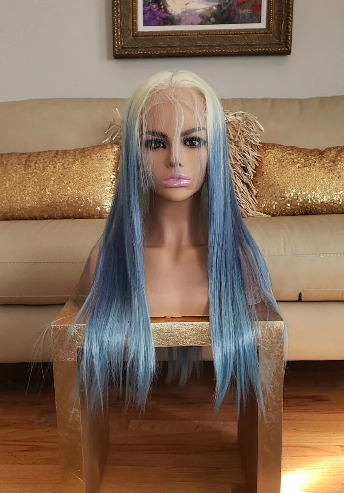 

Long Front Lace Wig - Blend - Blue Balayage Rainbow Multicolor silk