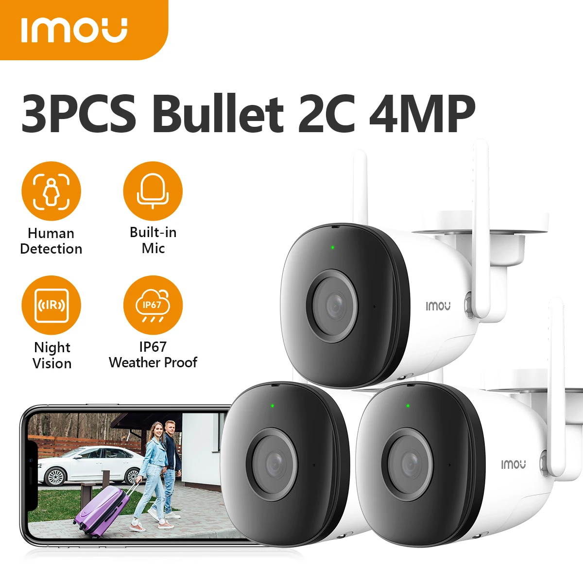 IMOU 3PCS Bullet 2C 4MP Wi-Fi Dual Antenna Outdoor Night Vision IP67 Weatherproof Audio Recording AI Human Detect IPC-F22P