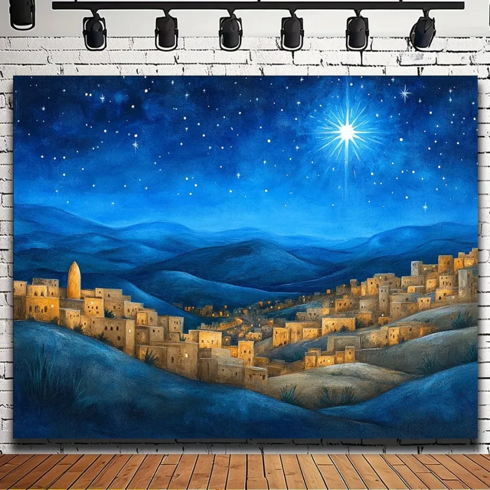 Scene of The Birth of Jesus Under Starry Night Theme Banner Backdrop, Birthday Party, Home Decoration Photography Backdrop Cloth