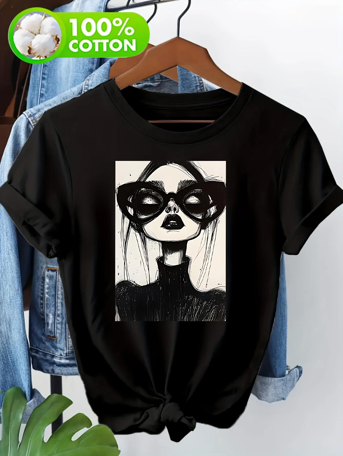 Ladies' Fashionable Women's Sketch Pattern Tshirt Casual Simple Art Short Sleeved Summer New Half Sleeved Slimming Top for Women