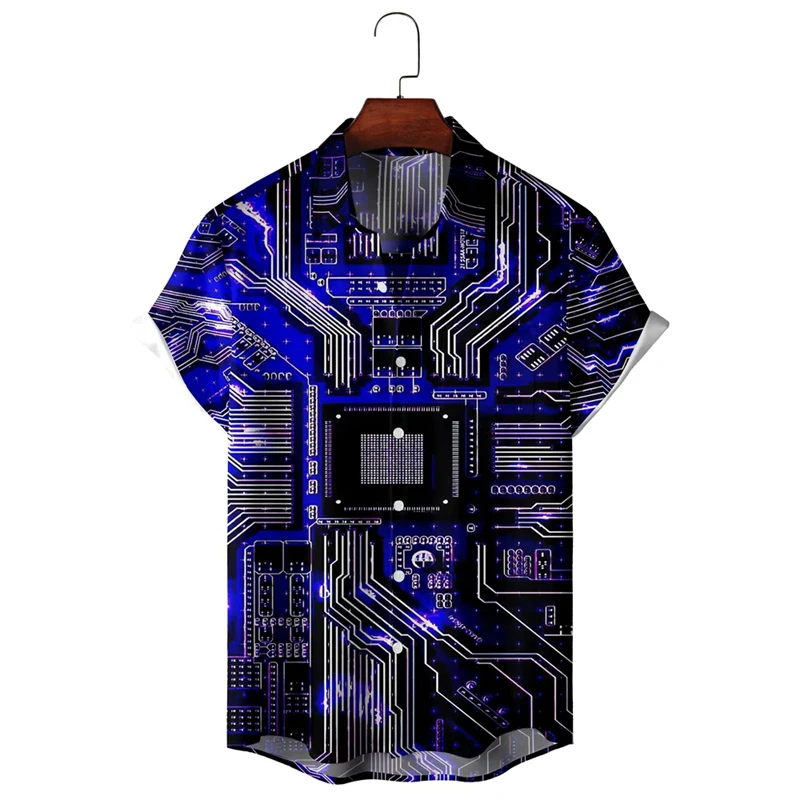 Elektronische Chip 3d Geprinte Shirts Voor Mannen Kleding Vintage Moederbord Blouses Ingenieur Korte Mouw Knoop Persoonlijkheid Mannelijke Tops