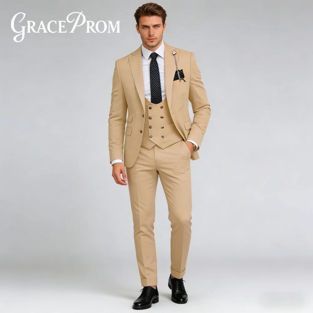 Exquisite Beige For Men Evening Party Formal Single Breasted 3PCS Suit Set Jacket Vest Pants Evening Party Occasion Customized