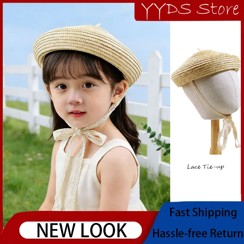 summer-retro-wheat-straw-beret-hat-with-lace-strap-uv-sun-cap-for-boys-girls-kids-beach-outdoor-daily-wear