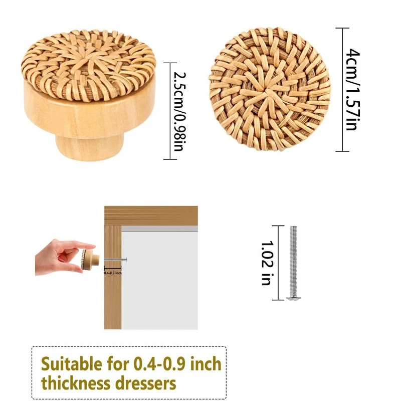3/6Pcs Rattan Wooden Drawer Knobs Round Handmade Woven Cabinets Dresser Furniture Handles Kitchen Cupboard Wardrobe Door Pulls