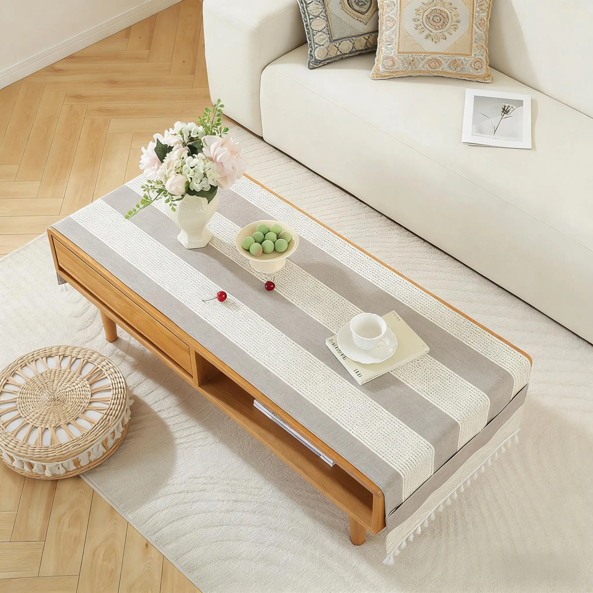 Cotton Linen Tassel Coffee Table Tablecloth Living Room Rectangular Tablecloth Cover with Pockets Farmhouse Coffee Table Cloth