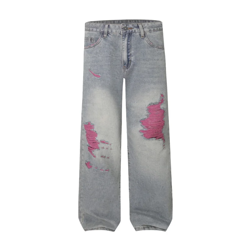 

1321 Broken holes colourful bottom personality American high street trend tide loose wide-leg jeans man