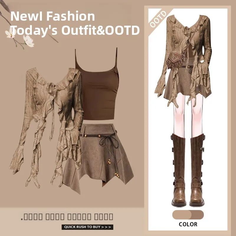 

Fall Women's Fashion Set Three-Piece Suit with Strap Top And Short Skirt Post-Apocalyptic Design Long Sleeve V-Neck Dress