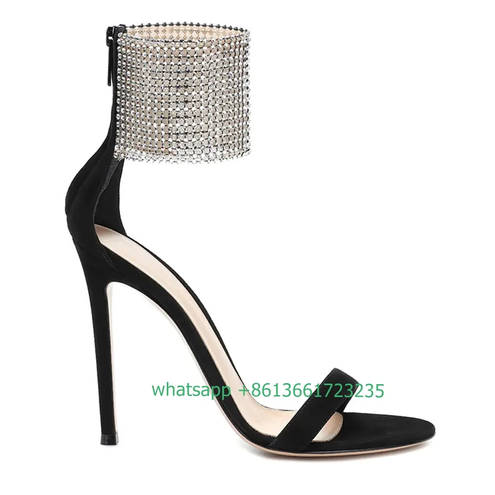 Crystal Ankle Wrap Bling Bling Sandals Stiletto Heel Open Toe Black Suede High Heels Women Simple Fashion Shiny Sandals