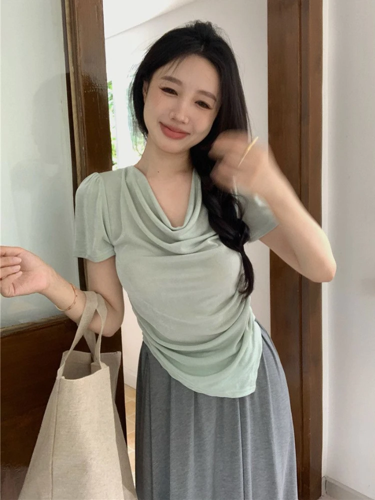

Short Sleeve T-shirts Women Tender Korean Style Summer New Mujer Aesthetic Tops Elegant Slim Fashion Sexy All-match Pure Color