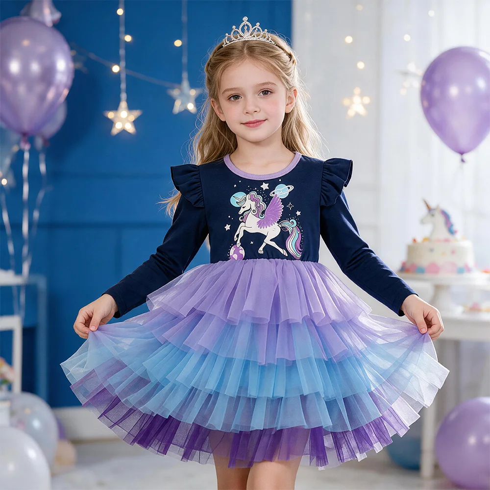 Mädchen Einhorn-Galaxie-Print Geburtstagsparty Prinzessinnen-Tutu-Kleid Kinder Langarm Herbst Mehrschichtiges Ombre-Tüll Marineblaues Kleid – Detail 3