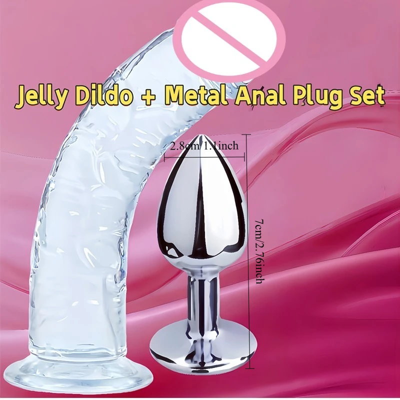 Egg Free Dildo+metal Anal Plug Set Crystal Transparent Simulation Penis Female Manual Masturbator Sex Toy Suction Cup Fake Penis view 2