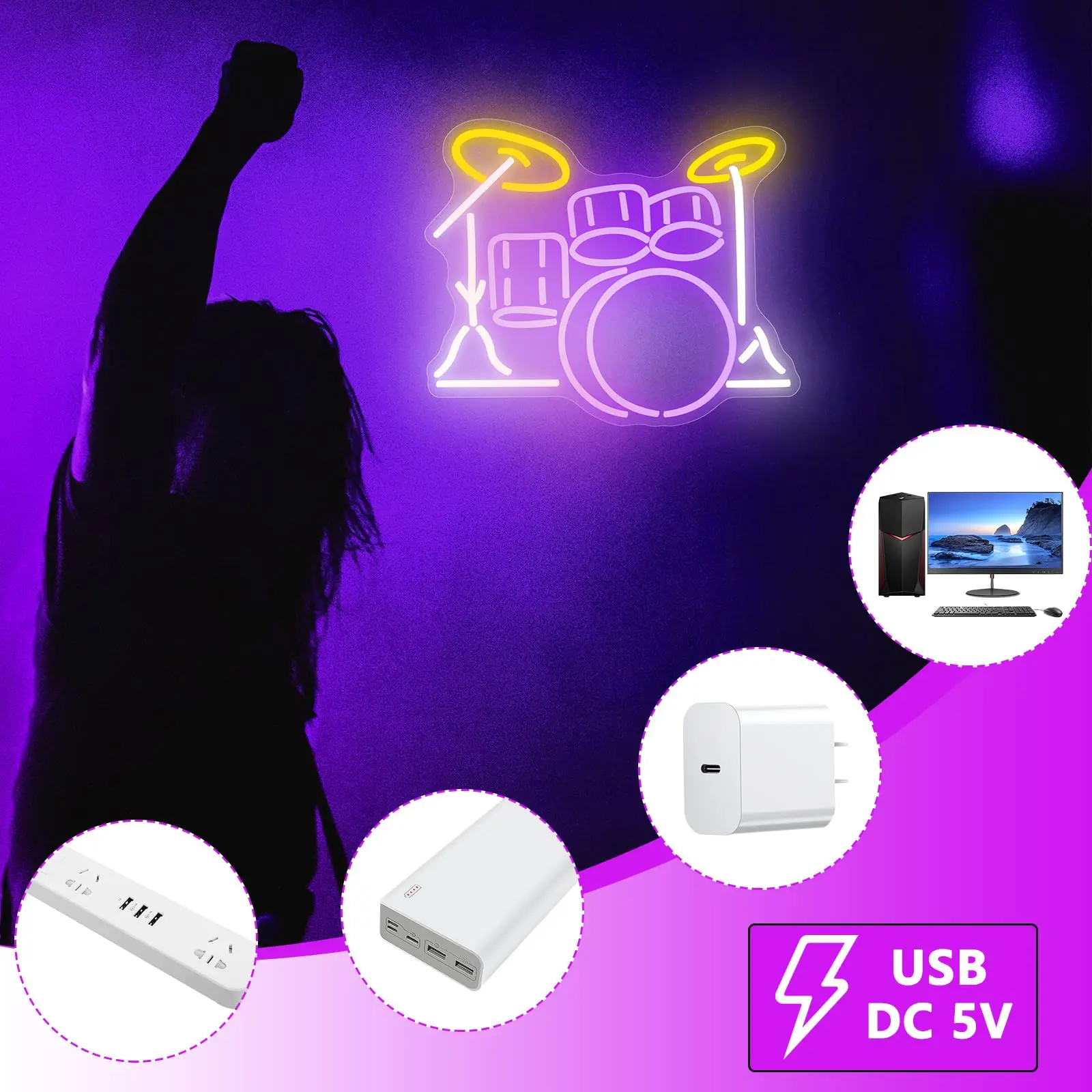 Kit de batería, letreros de neón, letreros de neón para decoración de pared, letreros Led para dormitorio, letreros iluminados para Bar, estudio de música en vivo, decoraciones de cueva para hombre