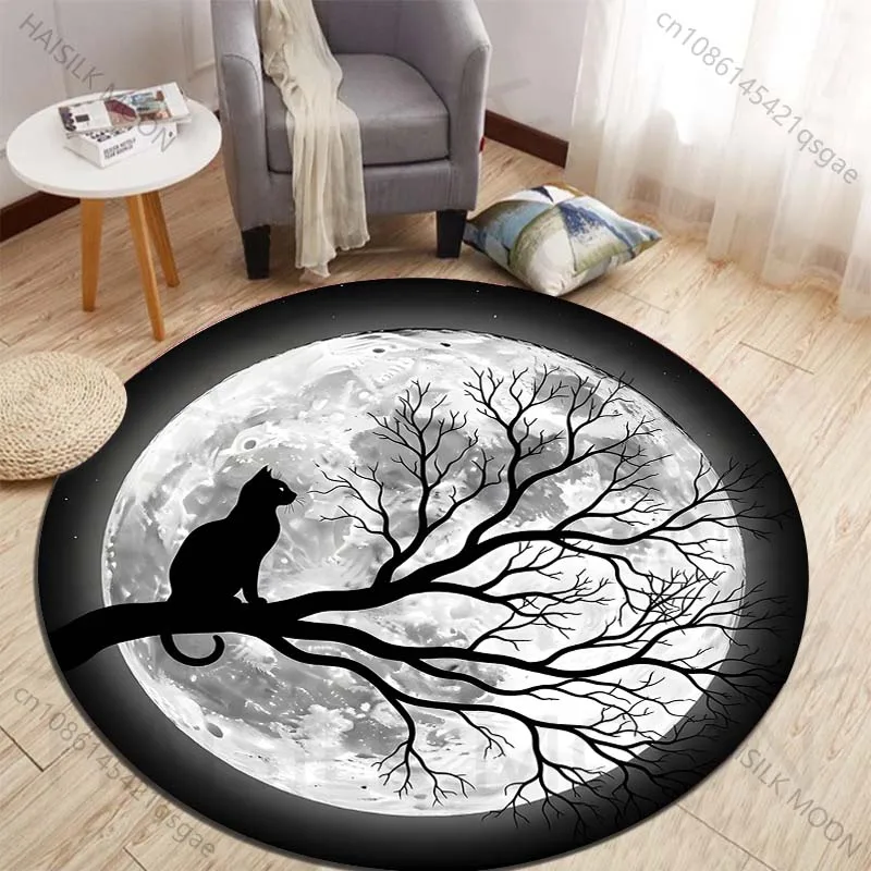 Silhouette of a Cat on a Tree Under Moonlight Printed round carpet living room sofa table large pet mat soft round carpet