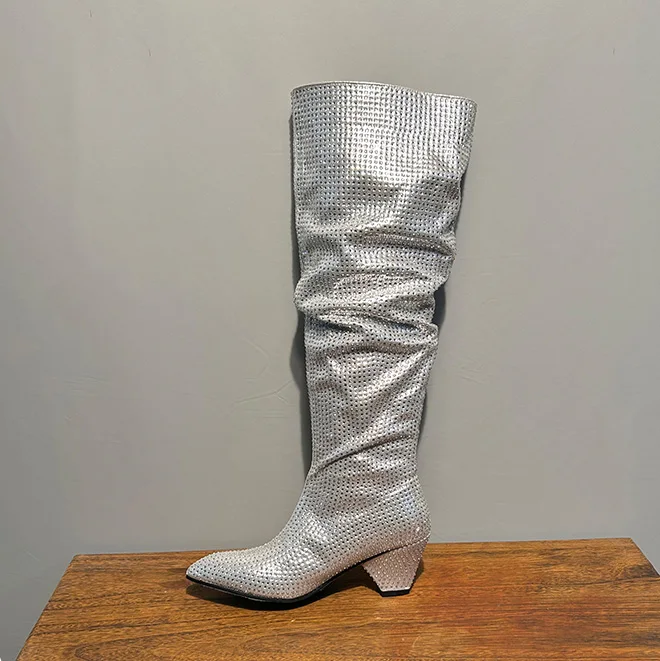 

Женские сапоги выше колена с блестящими стразами, серебристые блестящие модельные сапоги с острым носком на блочном каблуке для вечеринок и вечеринок