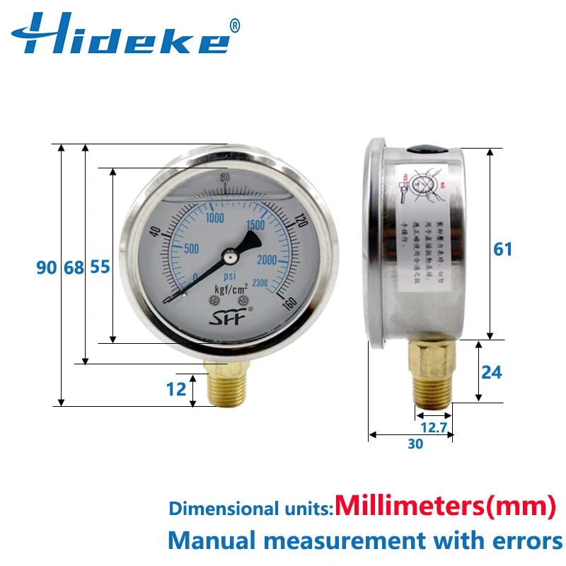 YN60 PT/G1/2 Brass Joint Radial Stainless Steel Case 16/25/400Mpa/Kg Hydraulic Shock resistant Glycerin Filling Pressure Gauges