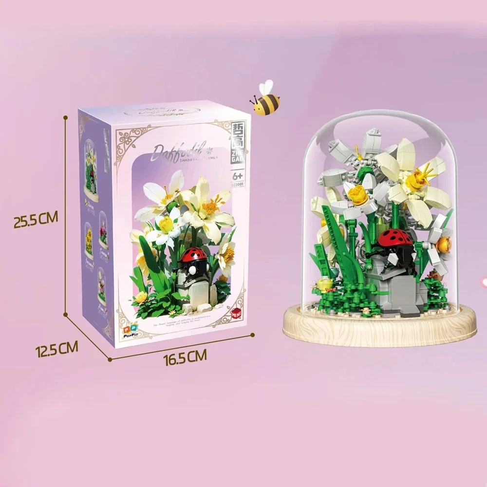 Creative Yulan Daffodil Simulated Flower with Transparent Cover Bonsai Decorative Ornament Building Blocks Bricks Toys Gift