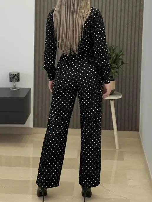 Two Piece Set Women Outfit 2025 New Polka Dot Print Stand Collar Ruffles Spliced Top & High Waist Casual Straight Leg Pants Set