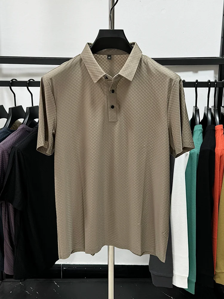 POLO de manga corta para hombre, camiseta de seda de hielo, transpirable y fresca, con solapa a cuadros, informal de negocios, coreana, Verano