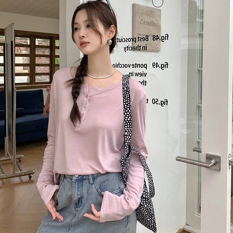 

Acetate Thin Bottoming Shirt Women's Spring/Summer Button Sun Protection Blouse Long Sleeve T-Shirt Sheer Loose Round Neck Top