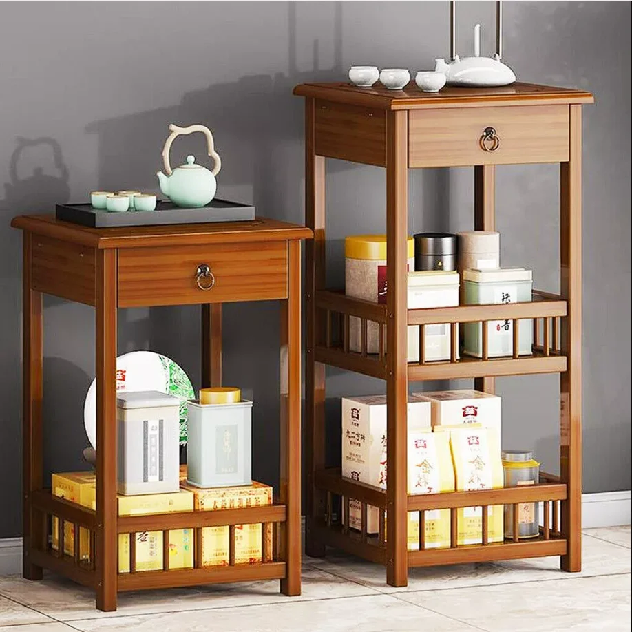 2-Tier Bamboo Bedside Table Sofa Coffee End Table with Drawer Plant Display Storage Shelf Unit