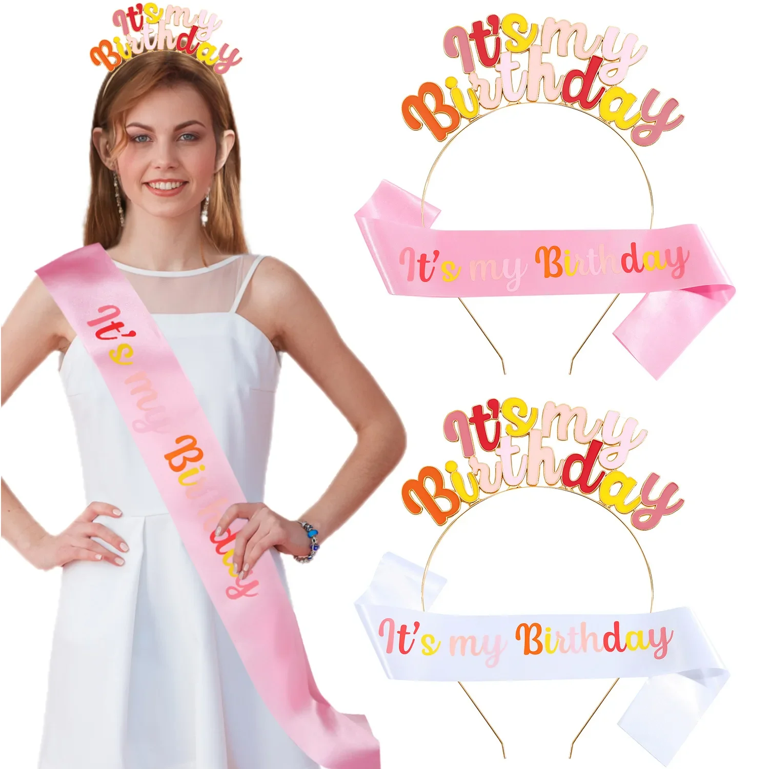 Girls Birthday Letter Headband Ceremony Ribbon Set IT'S MY BIRTHDAY Party Gift Dress Up Hair Accessories Women Band Headbands