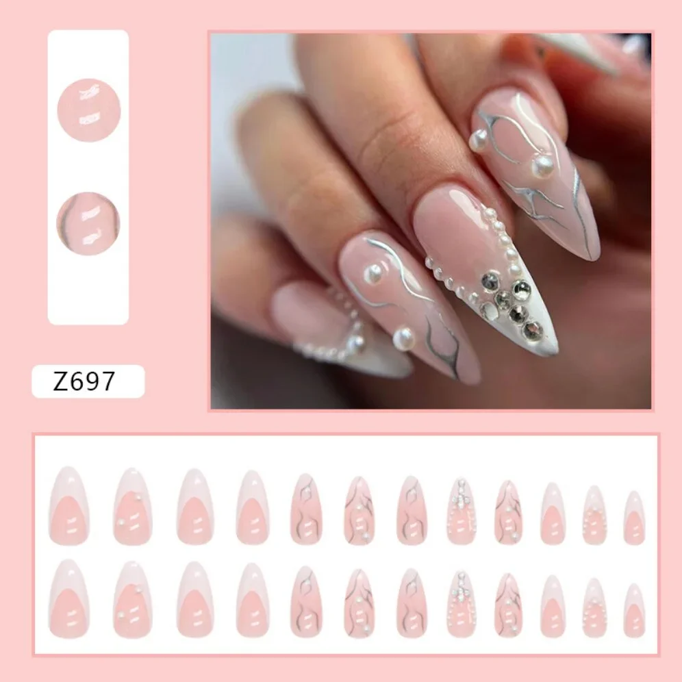 24Pcs/Set Almond Fake Nails Art White French Silver Line Pearl Stacked Diamond False Nails Seamless Removable Press on Nail Tips