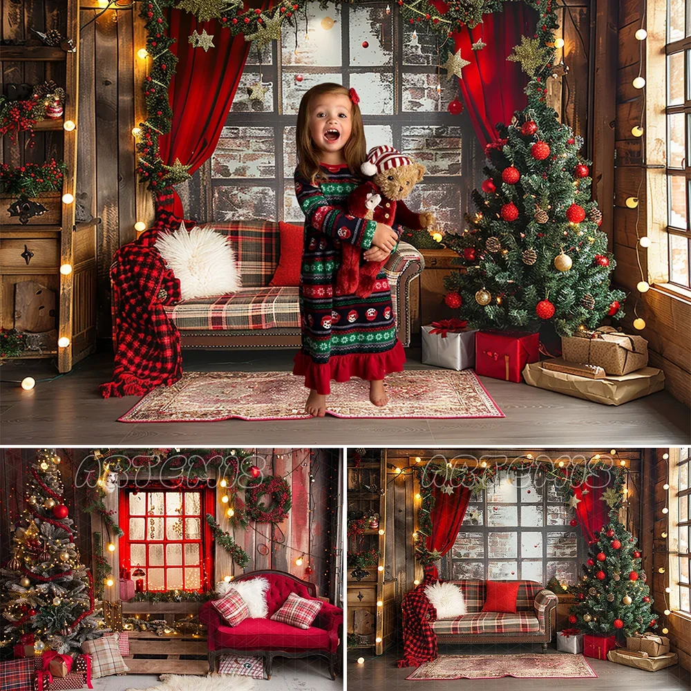 Christmas Photography Backdrop Wooden Window Christmas Tree Garlands Red Curtain Plaid Blanket Background Photo Studio Photocall