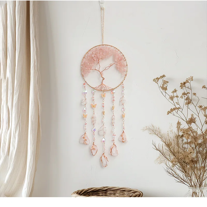 Crystal Pink Quartz Sun Catcher Gems Natural Stone Chakra Tree Of Life Suncatcher Dream Catchers Hanging Healing Decor Room Gift